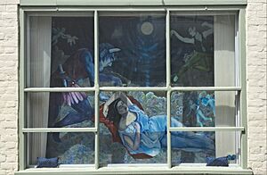A window display on Wem High Street celebrating Shakespeare and showing 'A Midsummer Night's Dream'