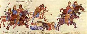Byzantine army under the leadership of Nikephoros Uranos putting the Bulgarians to flight from the Chronicle of John Skylitzes