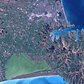 Christchurch and Waihora, 2001, Landsat 7 ETM (cropped)