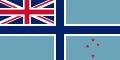Dark blue cross with white border on powder blue background, with Union Flag as top-left quarter and red stars in bottom-right corner.