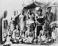 Lauaki Namulau'ulu Mamoe (standing 3rd from left with orator's staff) and other chiefs aboard German warship taking them to exile in Saipan, 2909