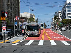Muni route 49 bus at Sacramento station, April 2022