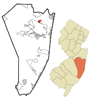 Map of Leisure Village CDP in Ocean County. Inset: Location of Ocean County in New Jersey.