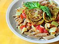 Penne with eggplant and basil in yogurt-tomato sauce