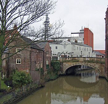 Riverside buildings with a stone arch bridge spanning a river