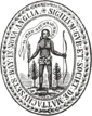 Seal of the colony: A male native holding a bow in one hand and an arrow, point down, in the other, with conifers either side. A speech scroll reads "Come over and help us". Surrounding it are the words "SIGILLUM GVB ET SOCIET MATTACHUSETS BAY IN NOVA ANGLIA"