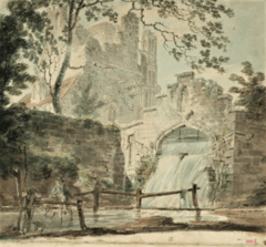 The Cascade with St Mary’s Abbey, West Malling, Kent. Watercolour by Turner