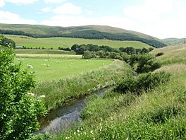 A narrow river running between fields and grassed hillsides