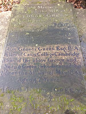 The grave stone of George Green, Professor of Mathematics and Green's Theorem, Caius College Cambridge in St Stephen's cemetery a little closer to the boundary wall than his parent's grave stone