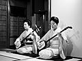 Two geishas playing shamisen