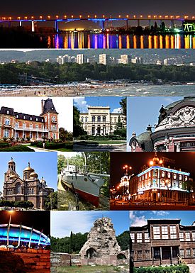From top left: Asparuh Bridge, Black Sea beach, Euxinograd, Varna Archaeological Museum, Stoyan Bachvarov Dramatic Theatre, Dormition of the Mother of God Cathedral, Drazki torpedo boat, The Navy Club, Palace of Culture and Sports, The ancient Roman baths, Varna Ethnographic Museum