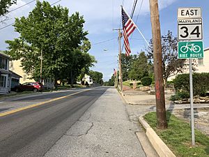 2019-05-18 17 43 49 View east along Maryland State Route 34 (Main Street) at Maryland State Route 65 (Church Street) in Sharpsburg, Washington County, Maryland