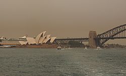 Bushfire smoke over the Sydney Opera House and Harbour Bridge in December 2019