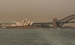 Bushfire smoke over the Sydney Opera House and Harbour Bridge in December 2019