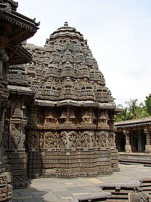 Close up of Hoysala style shrine and sikhara with decorative molding frieze in the Chennakeshava temple at Somanathapura