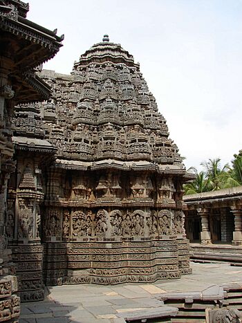 Close up of Hoysala style shrine and sikhara with decorative molding frieze in the Chennakeshava temple at Somanathapura
