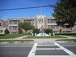 The Eastport Elementary School on Montauk Highway with a World War I memorial in front of it.