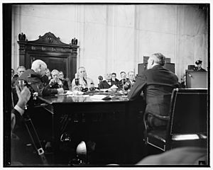 Frankfurter faces Senate committee. Washington, D.C., Jan. 12. Felix Frankfurter, right, facing the Senate Judiciary Subcommittee today to answer questions concerning his fitness for the LCCN2016874782
