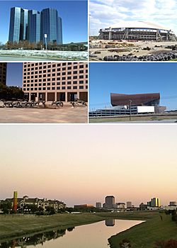 Clockwise from top left: Urban Towers at Las Colinas, the former Texas Stadium, Irving Convention Center at Las Colinas, Downtown Las Colinas Skyline, The Mustangs at Las Colinas
