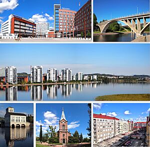 Clockwise from top-left: Lutakko Square, Äijälänsalmi Strait, apartments in Lutakko, old power station of Vaajakoski, the Jyväskylä City Church, and a courtyard in downtown Jyväskylä