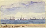 Painting of ships and the beach in Port Melbourne, Victoria
