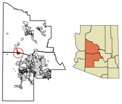 Location of Wickenburg in Maricopa County and Yavapai County, Arizona.