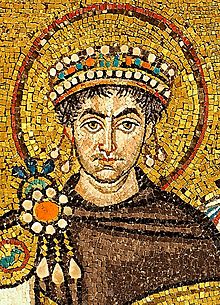 Mosaic of Flavius Justinian dressed in a royal purple chlamys and jeweled stemma