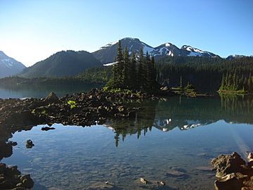 A lightly glaciated mountain rising above trees and a lake in the foreground.