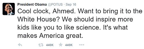 President Obama tweet to student Ahmed Mohamed