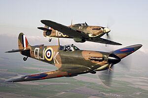 Spitfire P7350 (front) flies alongside Hurricane LF363 (back)