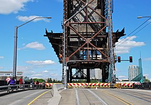 Steel Bridge lift span raised - view from roadway (2012)