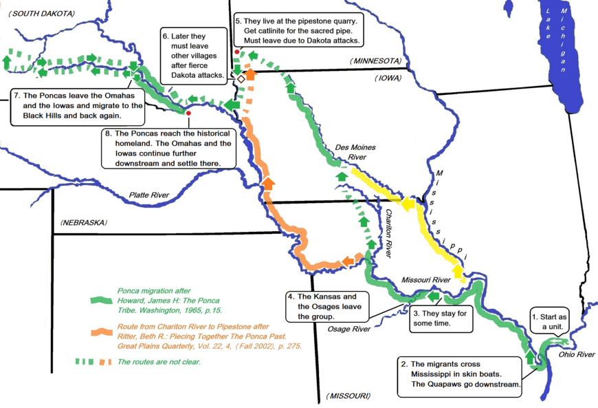 The Ponca (Dhegiha) migration story according to oral tradition. (Map improved 2018)