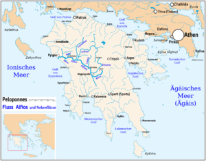 Alfios River, Peloponnes, Greece - course - political map - DE Labels