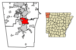 Location of Springdale in Benton County and Washington County, Arkansas.