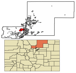Location of the City of Longmont in Boulder and Weld counties, Colorado.