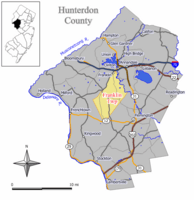 Map of Franklin Township in Hunterdon County. Inset; Location of Hunterdon County highlighted in the State of New Jersey.