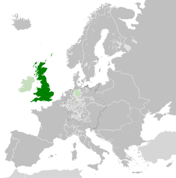 Location of Great Britain in 1789 in dark green; Ireland and Hanover in light green
