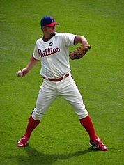 Photograph of Joe Blanton wearing the Phillies' alternate cream-colored uniform with a Kalas patch