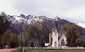 Lamoille Presbyterian Church with the Ruby Mountains in the background