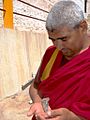 Monk with baby sparrow at Likir Gompa, Ladakh