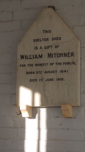 Plaque about William Mitchner, within the shelter he funded, Allora Cemetery, 2015