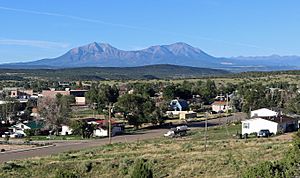 Walsenburg with the Spanish Peaks in the background.