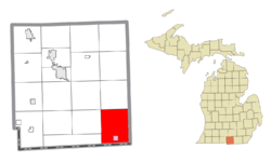 Location within Hillsdale County (red) and the administered village of Waldron (pink)
