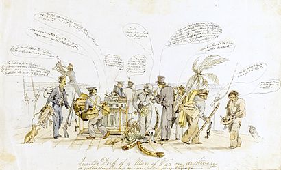 Augustus Earle (presumed) - Quarter Deck of a Man of War on Diskivery (sic) or interesting Scenes on an Interesting Voyage
