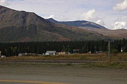 Town of Cantwell, Alaska. Tracks for the Alaska Railroad run through the foreground.
