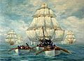 A painting of a ship with all sails up and a pursuing squadron behind it. In the foreground are small boats.