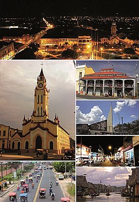 Clockwise from top: Iquitos cityscape at night; Iron House; minimalist architecture of the school auditorium St. Augustine; the commercial Jiron Prospero; Aquatic Avenue in the famous neighborhood of Bethlehem; Abelardo Quiñones Avenue and the vehicular traffic of motorcycle taxis; and Iquitos Cathedral.