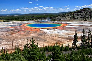Grand Prismatic Spring and Midway Geyser Basin from above