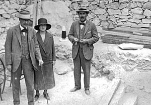 Howard Carter, Lord Carnarvon and Lady Evelyn Herbert at Tutankhamen's tomb