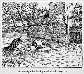 Illustrations by K. M. Skeaping for the Holiday Prize by E. D. Adams-pg-173-But already a firm hand grasped his collar
